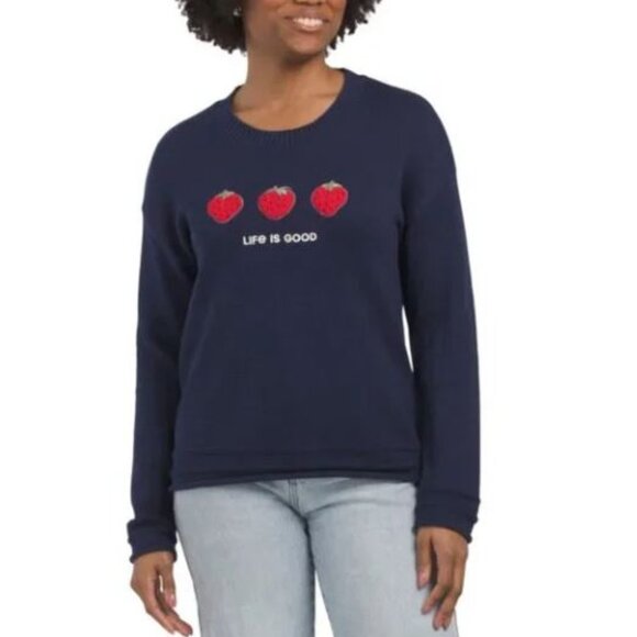 NWT LIFE IS GOOD Navy Strawberry Embroidered Graphic Cotton Pull Over Sweater - Picture 2 of 6